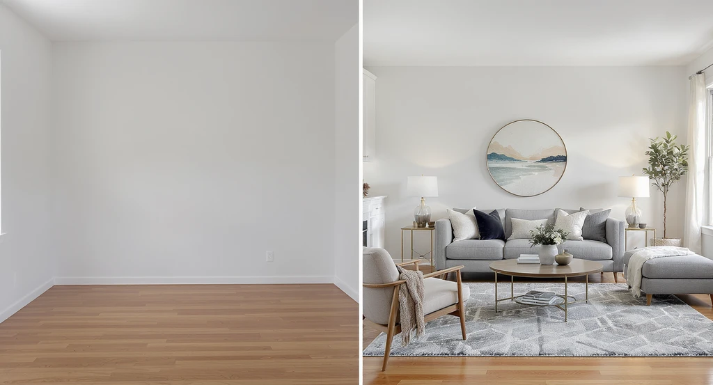 Side-by-side comparison of an empty living room and the same space virtually staged with furniture, showing how ai virtual staging for empty homes helps sell vacant properties via improved listing photos.