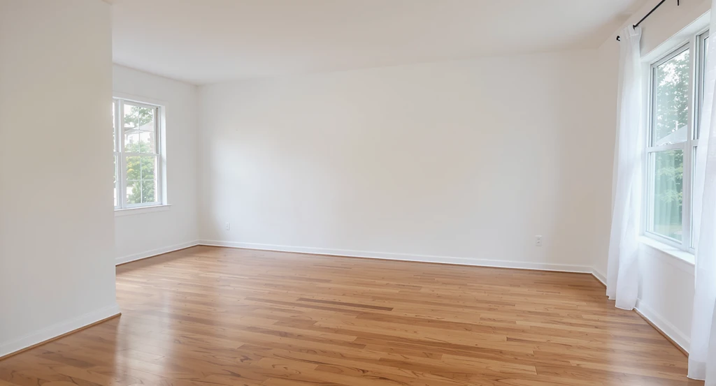 Empty, bright modern living room with hardwood floors and large windows, illustrating the visualization gap for buyers in vacant homes; ai virtual staging for empty homes and how ai helps sell vacant properties may resolve this issue.