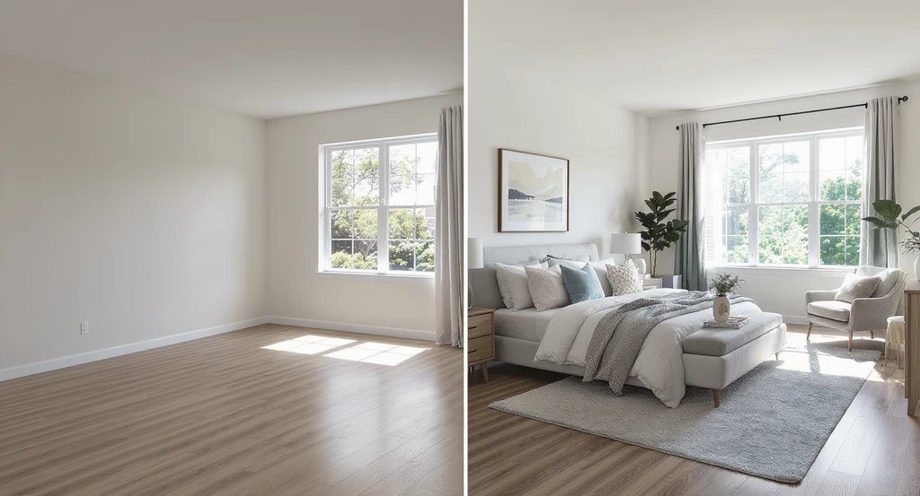 Empty living room and bedroom displayed alongside the same rooms virtually staged with AI tools, showing how ai virtual staging for empty homes helps sell vacant properties and supports ai room visualization to attract buyers.