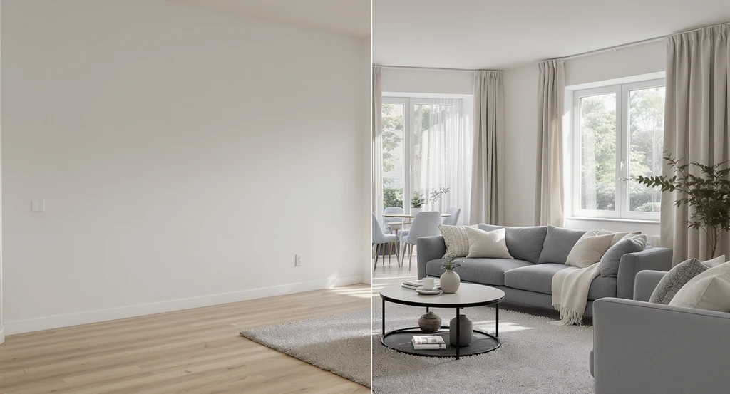 Modern living room split in half, one side vacant and unfurnished, the other side virtually staged with sofa and dining area, showcasing ai virtual staging for empty homes and how ai helps sell vacant properties.