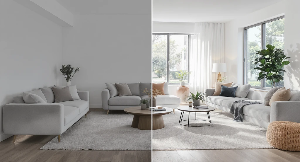 Split-screen image of an empty modern living room and the same space with AI virtual staging, showing how accurate furnishings help buyers visualize real room size, using ai room visualization to attract buyers and the best ai home design tools for realtors.