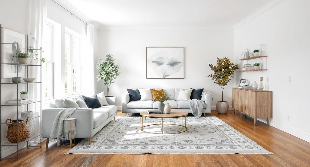 Modern vacant living room virtually staged with AI design tools, showing how ai virtual staging for empty homes helps realtors sell vacant properties faster.