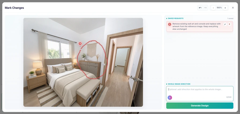 Photorealistic scene of a living room displayed on a monitor, with an AI annotation tool highlighting a rug and an instruction to swap it, showing how to use annotation in AI home design, benefits of annotation for interior design AI, and steps for annotating AI-generated room images.