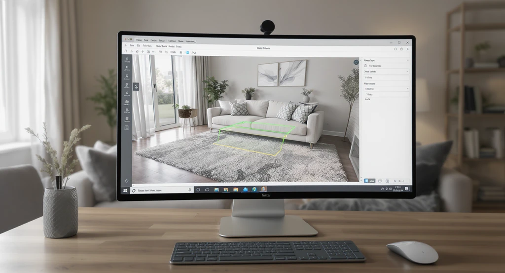 A modern living room workspace shows an AI interior design tool on a monitor, highlighting how to use annotation in AI home design with virtual staging.