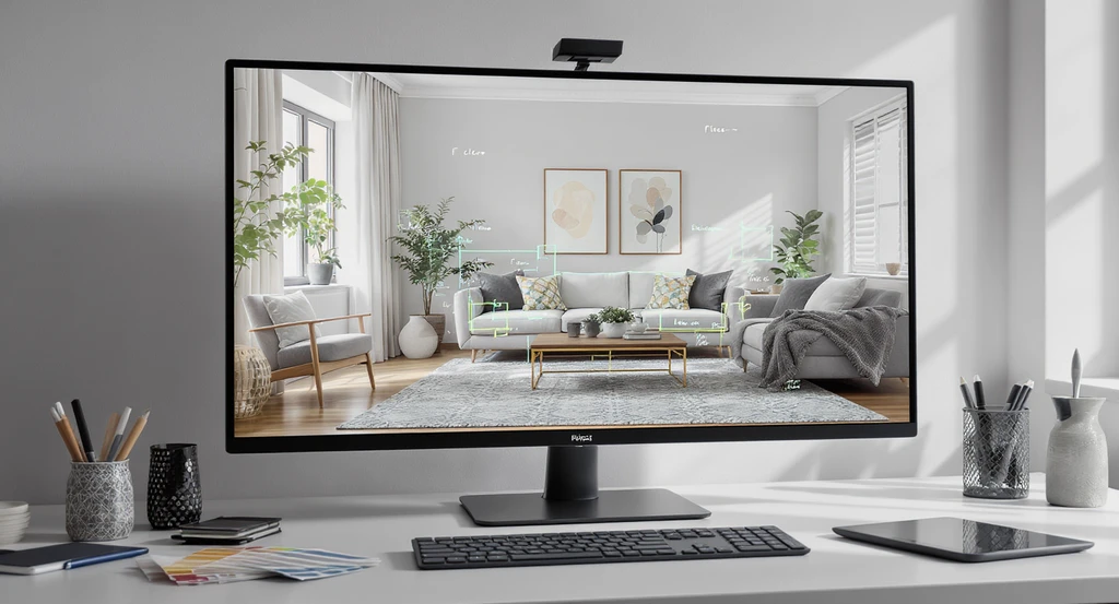 Modern workspace with a monitor displaying an AI-generated living room, annotated with digital tools for virtual staging in interior design AI.