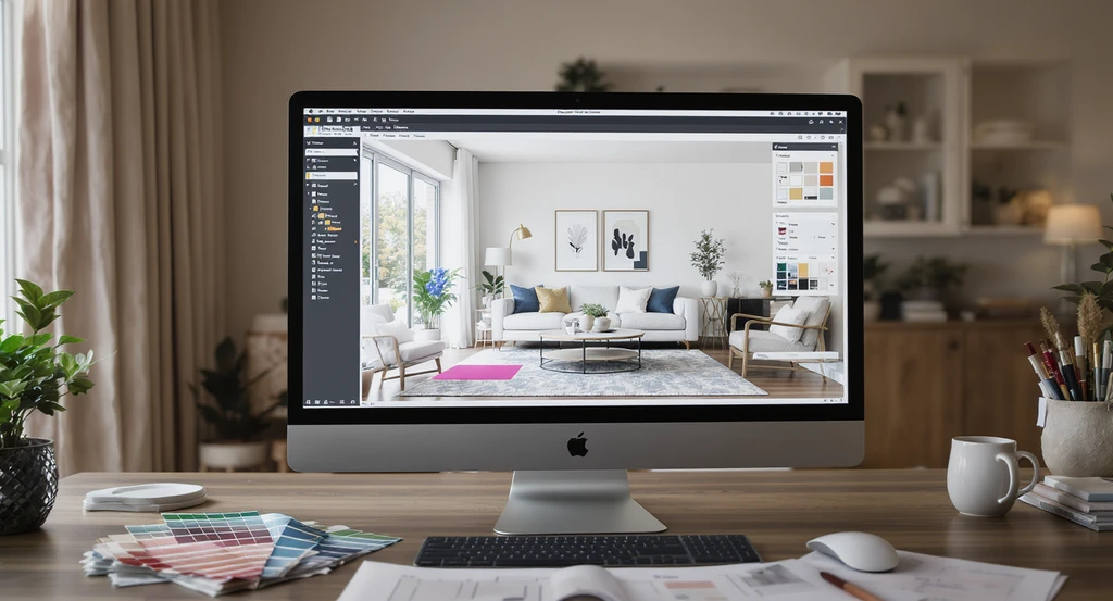 Photorealistic modern living room viewed on a computer with annotation tools visible, surrounded by swatches and floor plans, showing steps for using annotation in AI home design and benefits of annotation for interior design AI to avoid common mistakes with virtual staging.