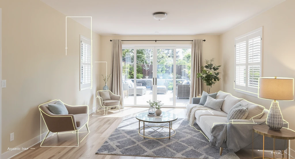 Photorealistic living space with multiple elements—walls, flooring, lighting, furniture, patio, landscaping—highlighted for annotation, illustrating how to use annotation in AI home design to plan, experiment, and preview design options.