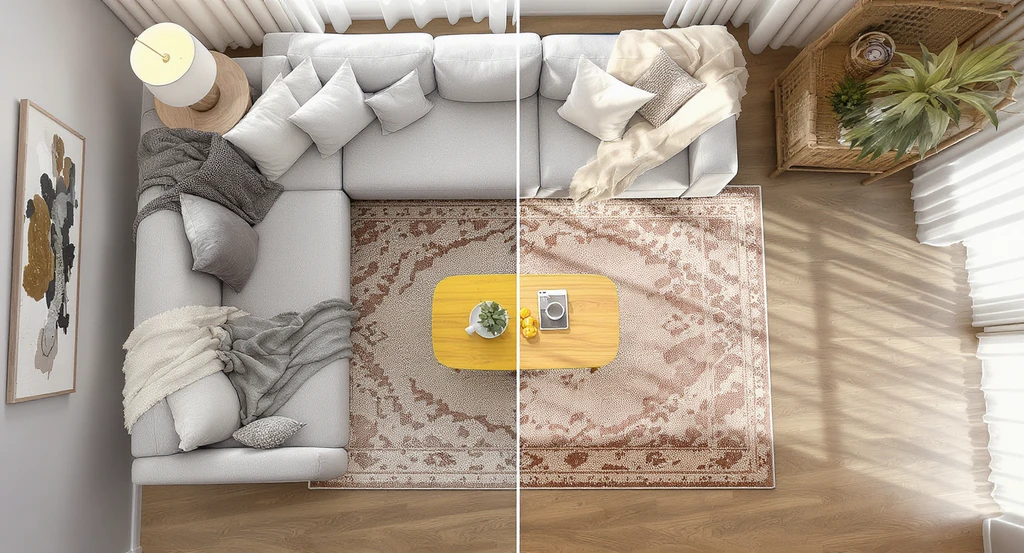 Photorealistic overhead view of a modern living room emphasizing precise annotation in AI home design, illustrating common mistakes with AI design annotations by focusing on a single area rug, ideal for demonstrating the steps for annotating AI-generated room images and the benefits of annotation for interior design AI.