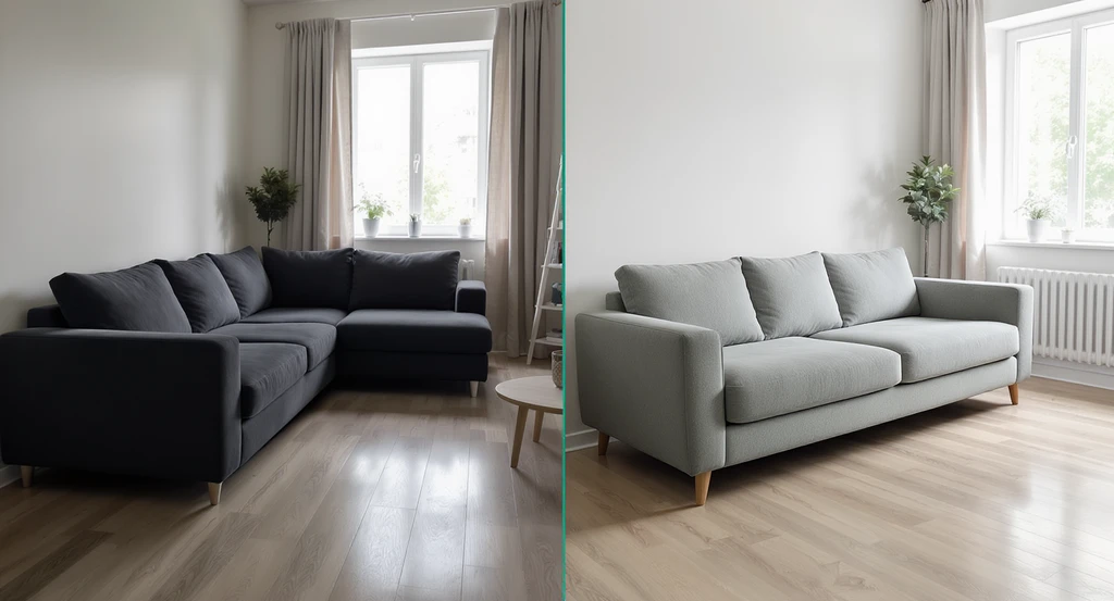 Photorealistic living room shows the biggest interior design mistakes to avoid with AI: an oversized sofa crowds the space, while an AI-optimized slim sofa fixes furniture layout errors.
