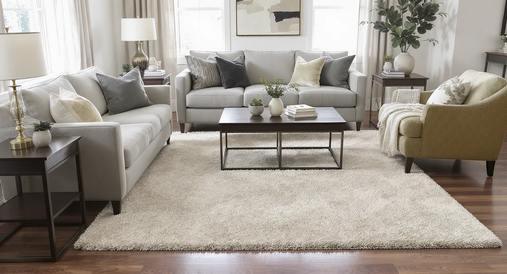 Biggest interior design mistakes to avoid with AI: living room shows an undersized rug not aligning with the furniture, illustrating how AI home design tools help visualize room changes before redesigning, and fix common layout errors for home makeovers.