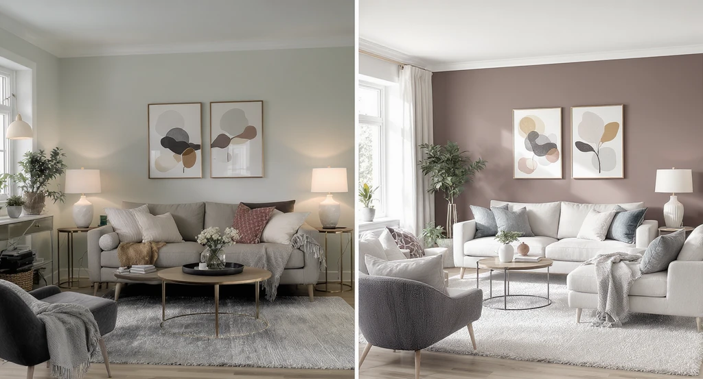 Split living room scene shows biggest interior design mistakes to avoid with AI, including mismatched furniture and poor layout, contrasted by ai-powered solutions fixing these common mistakes in a realistic, modern home setting.