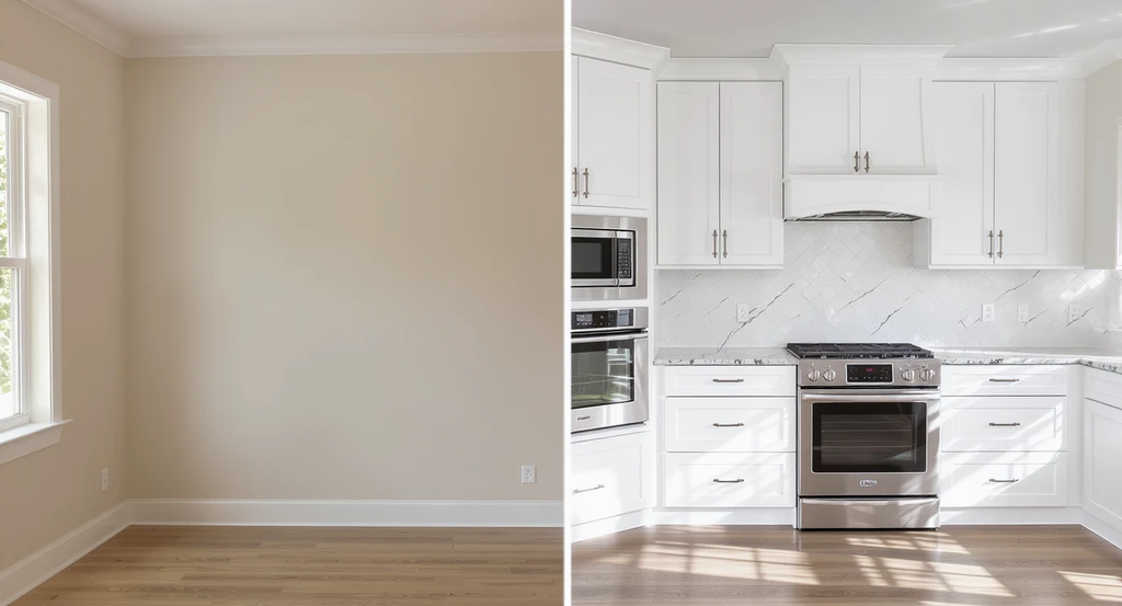 Ultra-realistic split view: an empty dining room partially transformed by AI into a kitchen with white cabinets, built-in appliances, and marble countertops, illustrating best practices for ai room design workflows and how to use reference images for ai home design.