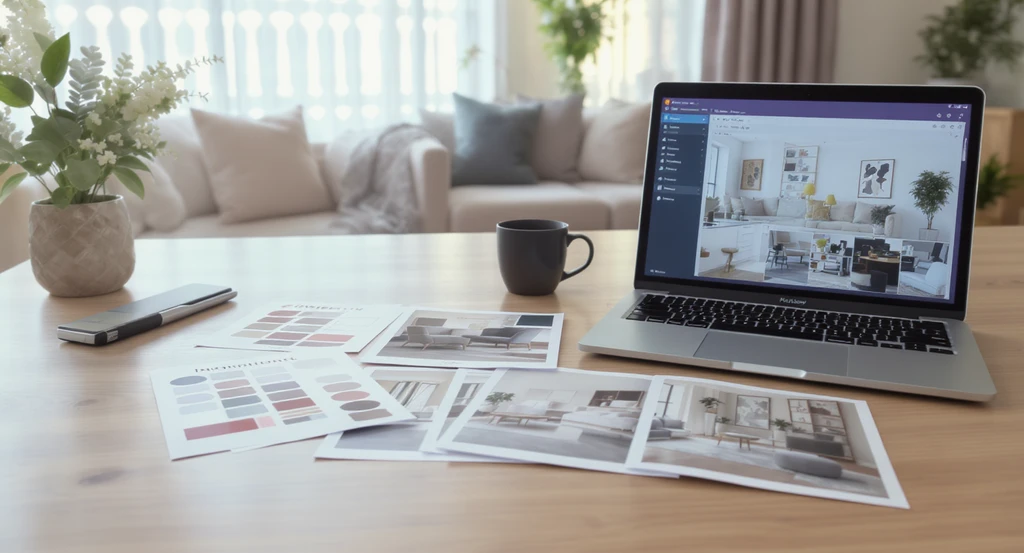 A modern workspace with printed inspiration photos, furniture catalogs, and an AI room design app, showing best practices for ai reference image room design workflow and tips for improving ai room transformation realism.