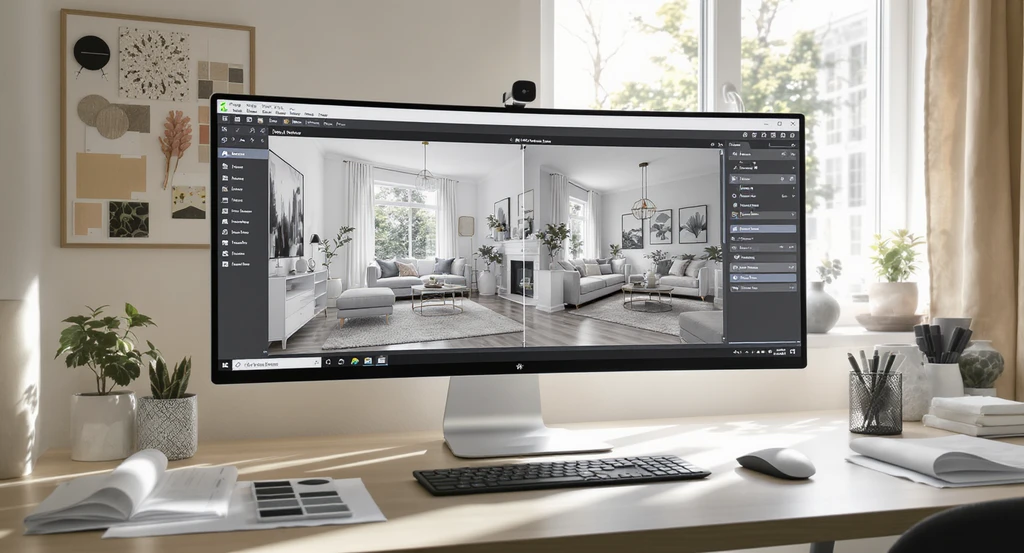Sunlit home office with a computer screen showing an AI interior design app comparing a living room rendering and a reference photo. Digital markup tools highlight changes, illustrating how to get better AI home designs using best practices for ai room makeover and tips for marking changes on ai home design images.