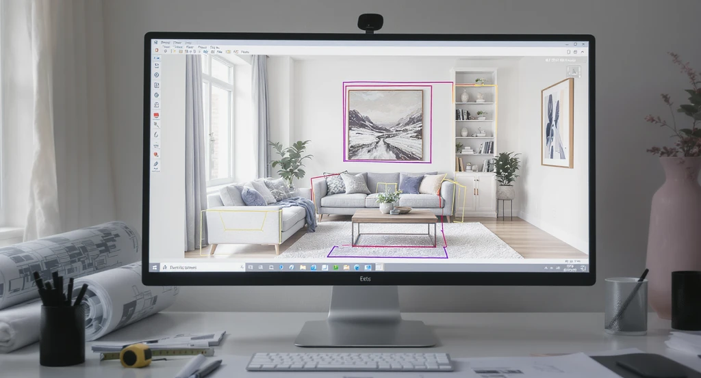 Photorealistic computer monitor displaying a living room photo with marked areas for wall and built-in changes, illustrating how to get better AI home designs and best practices for AI room makeover, using reference photos in AI interior design, and tips for marking changes on AI home design images.