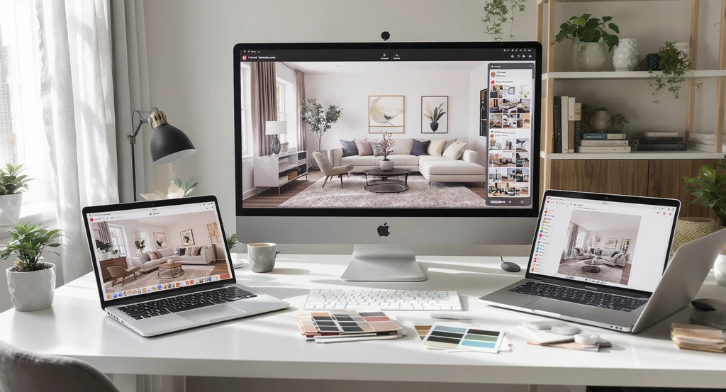 Modern home office desk with a computer showing an AI home design, printed reference photos, and decor samples, illustrating best practices for AI room makeover using reference photos to get better AI home designs.