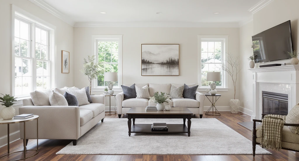 Photo-realistic living room showing best practices for AI room makeover: sofa sits with front legs on rug, coffee table centered, using accurate spatial language for how to get better AI home designs.