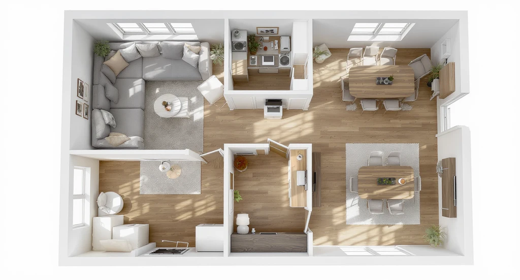 Top-down, photorealistic floor plan of a modern open-plan living and dining room showing precise furniture placement, illustrating how to get better AI home designs and best practices for ai room makeover with clear spatial arrangement.