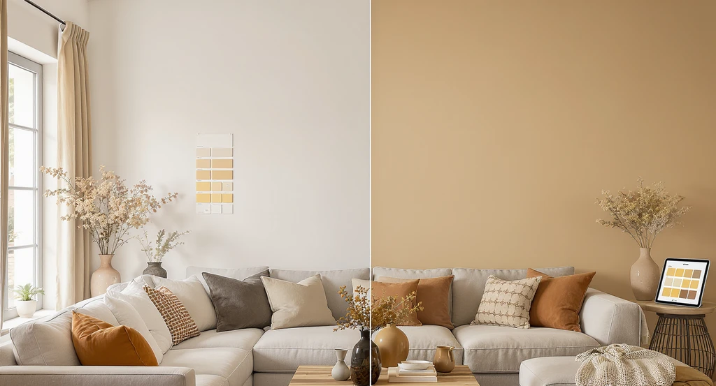 Modern Tuscan living room using ai home design for modern Tuscan interiors, with virtual staging ai showing warm earthy palette corrections replacing cold whites.