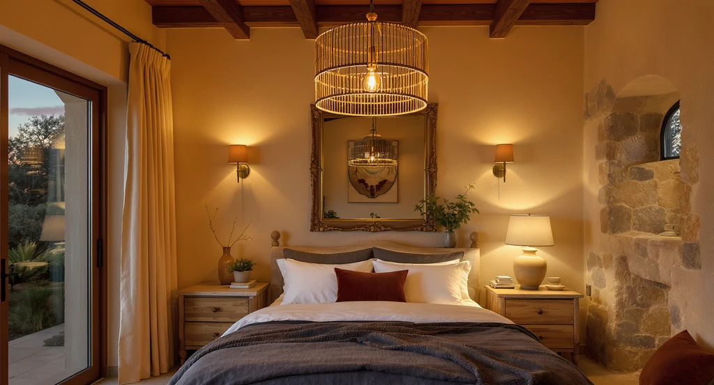 Modern Tuscan bedroom with structured lighting layers—ambient ceiling light, task sconces, and accent table lamp—showcases ai home design and warm earthy palettes.