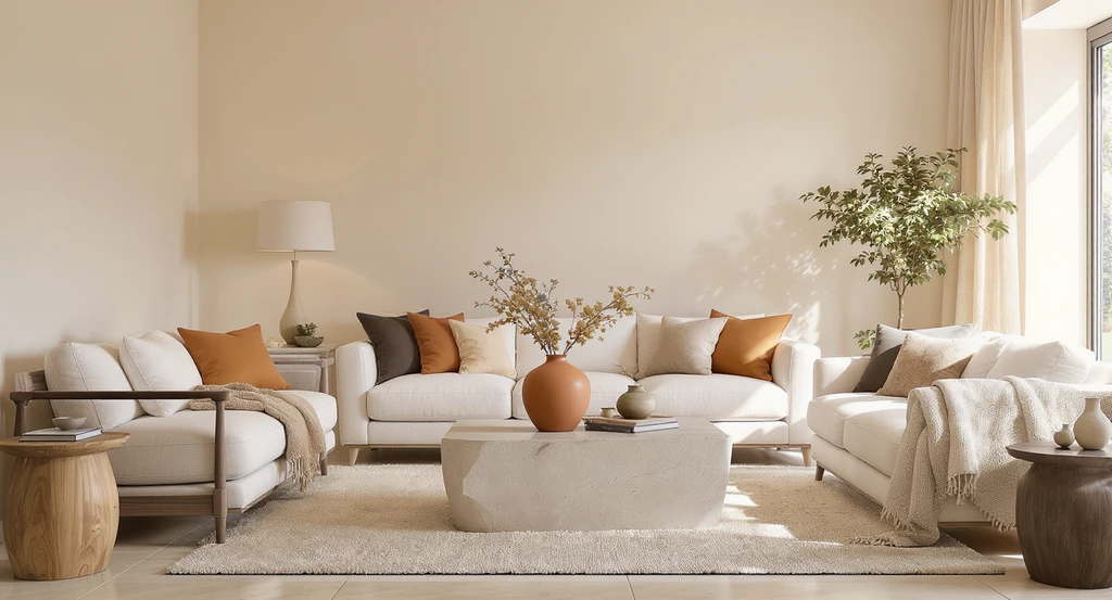 Modern Tuscan living room designed with ai home design for modern tuscan interiors, using warm earthy palettes via virtual staging ai and the 70/30 neutral-accent rule.