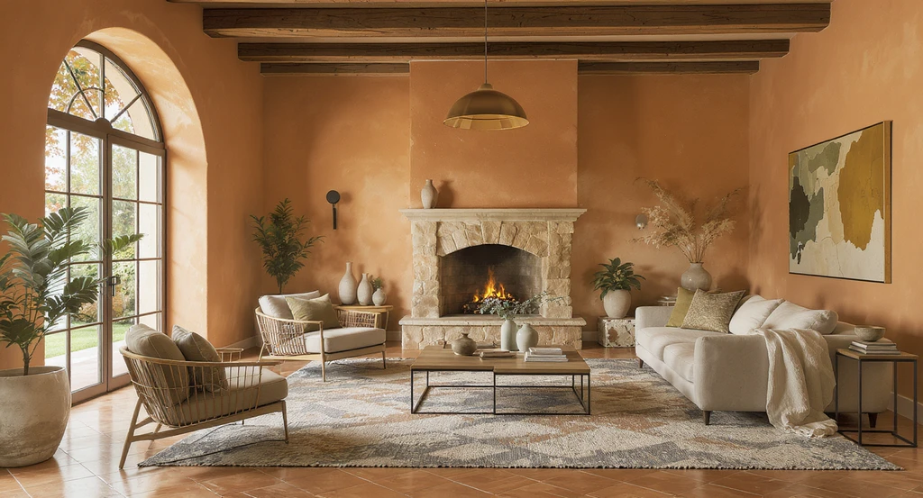 Ultra-realistic ai home design for modern Tuscan interiors using warm earthy palettes, modern furniture, and natural materials, visualized by virtual staging ai.