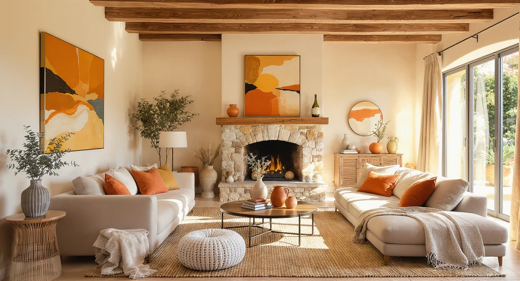 Virtual staging ai for warm earthy palettes shows a modern Tuscan living room, with creamy stucco walls, wood beams, and terracotta accents, visualized using ai home design for modern Tuscan interiors and ai tools for Mediterranean home style makeovers.