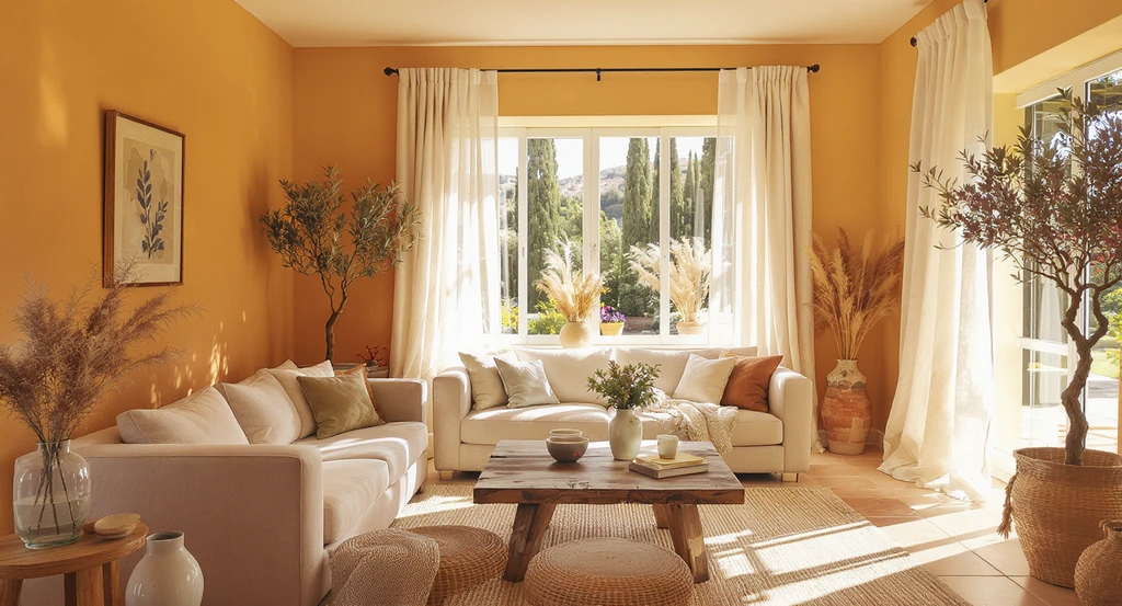 Editorial image showing a modern tuscan interior designed with ai home design, featuring warm earthy palettes, light linen window treatments, strategic furniture placement away from windows, and biophilic elements like olive trees—showcasing best ai tools for mediterranean home design and virtual staging ai for planning natural light.