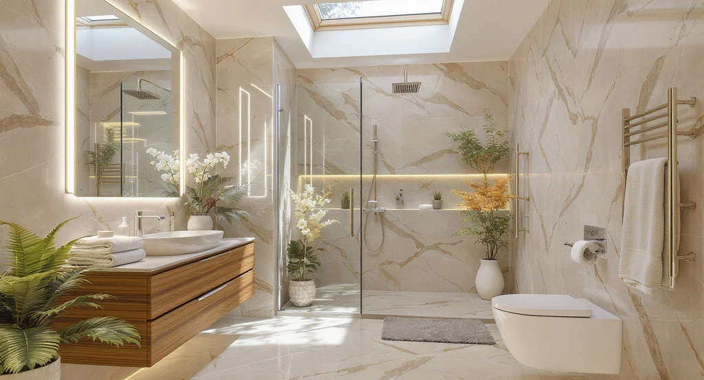 Spa-like bathroom imagined by ai biophilic home design upgrades 2026, with travertine tiles, wood vanity, orchids, rainfall shower, LED mirror, and water feature.