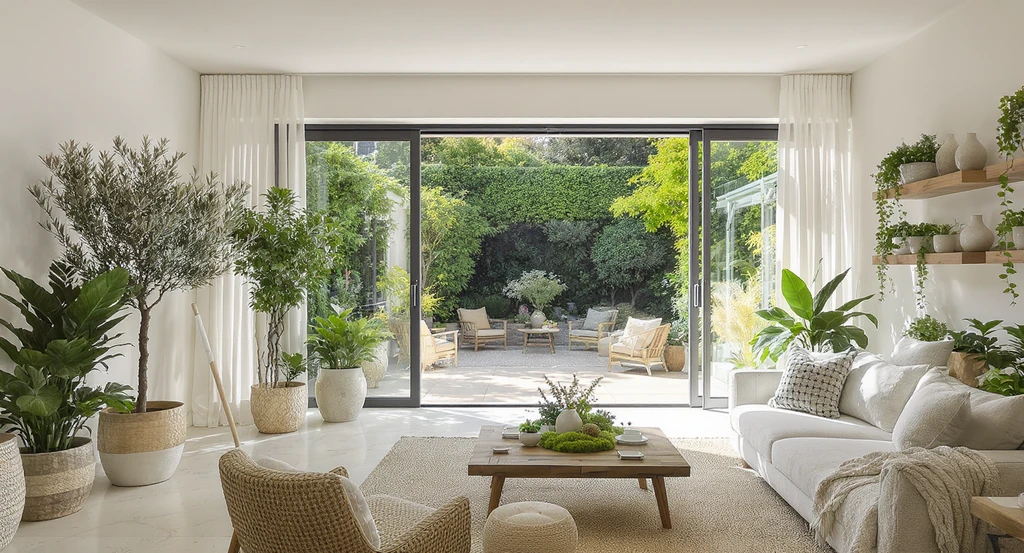 Editorial-quality ai biophilic home design upgrades 2026: virtual staging shows a living area with sliding doors, potted olive trees, organic textures, and trailing plants bridging indoor and outdoor biophilic spaces.