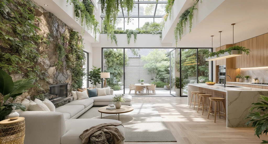 AI biophilic home design upgrades 2026 shown in a photorealistic living space with spa-like bathroom, wellness tech, and vertical gardens, visualized using AI.