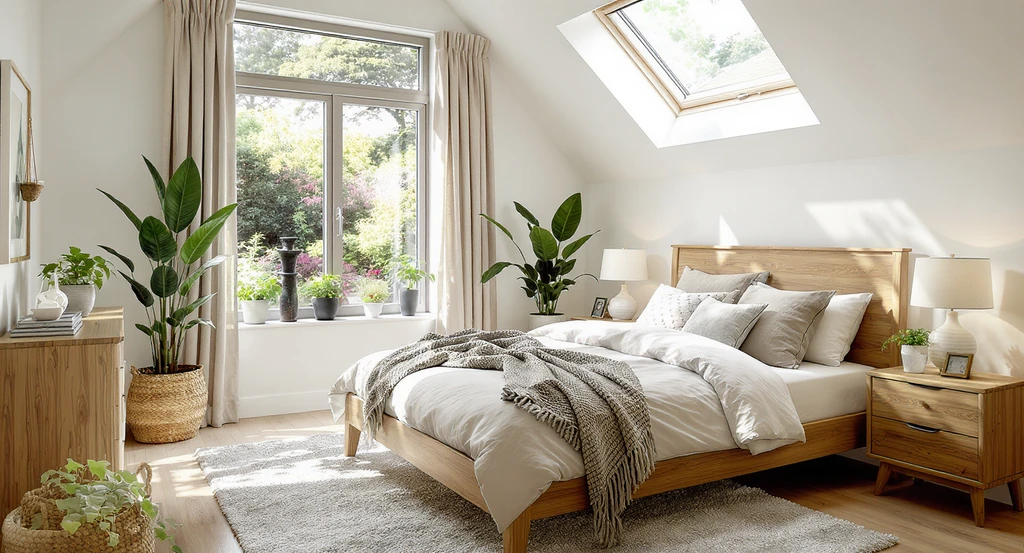 Virtual staging of a primary suite with biophilic home design upgrades for 2026: skylight, linen curtains, easy-care plants, natural bedding, wood accents, and a tabletop fountain, as visualized by ai biophilic home design upgrades 2026 and wellness home design ai.