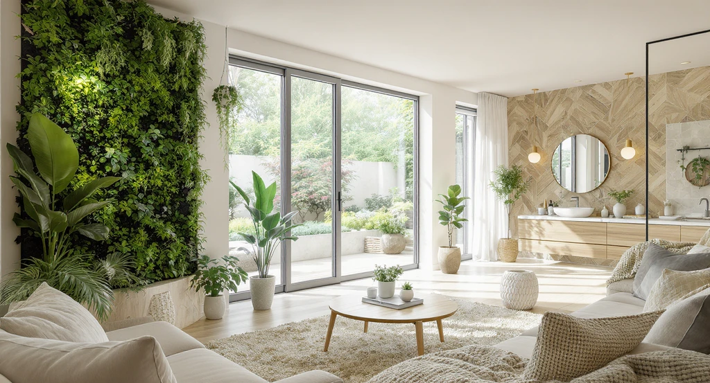Editorial-quality interior showing ai biophilic home design upgrades 2026: living wall, spa-like bathroom, natural materials for wellness homes.