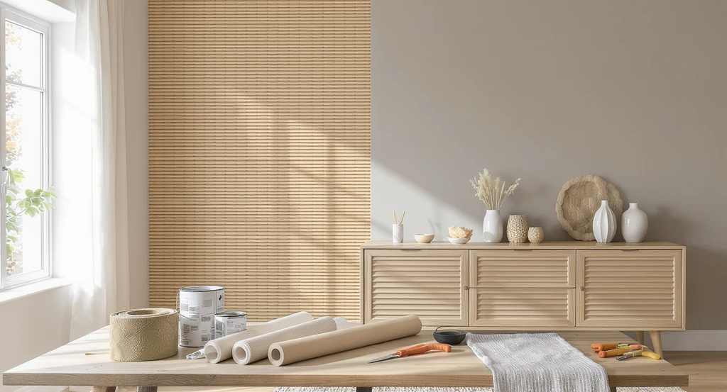 Affordable fluted millwork ideas using AI tools: a modern room with DIY fluted wall panels, peel-and-stick wallpaper, and fluted MDF trims, staged in an in-progress setting. ai home design for curves and fluted millwork, how to visualize curved room layouts with ai, ai interior design trends 2026, best ai tools for sculptural furniture planning.