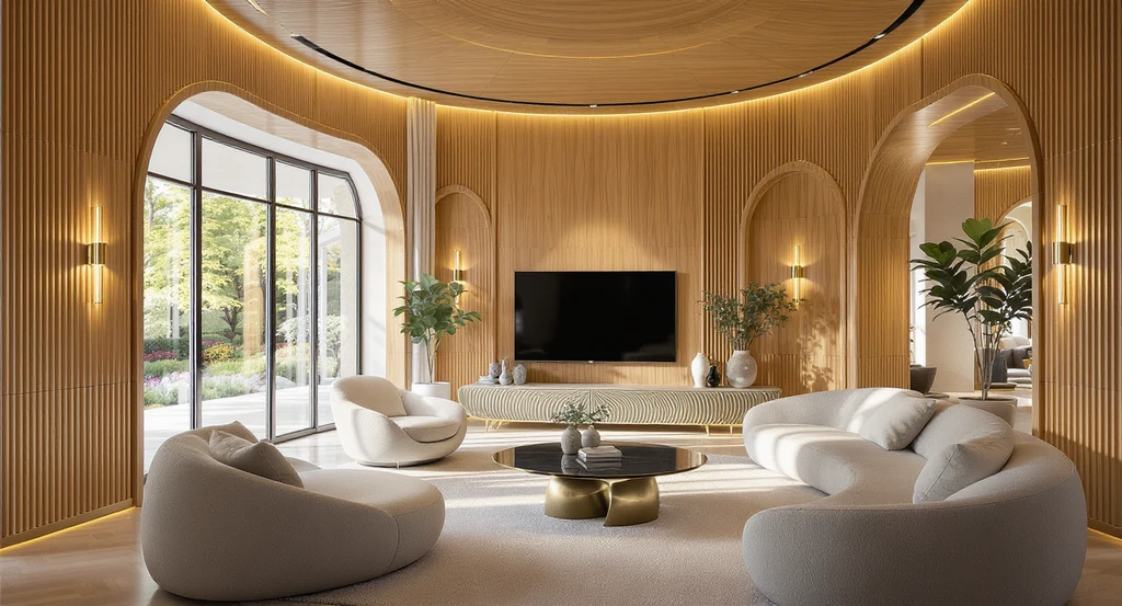 Modern living room with AI home design featuring curved walls, fluted millwork panels, sculptural furniture, and natural daylight. AI interior design trends 2026 focused on affordable fluted millwork ideas using AI tools.