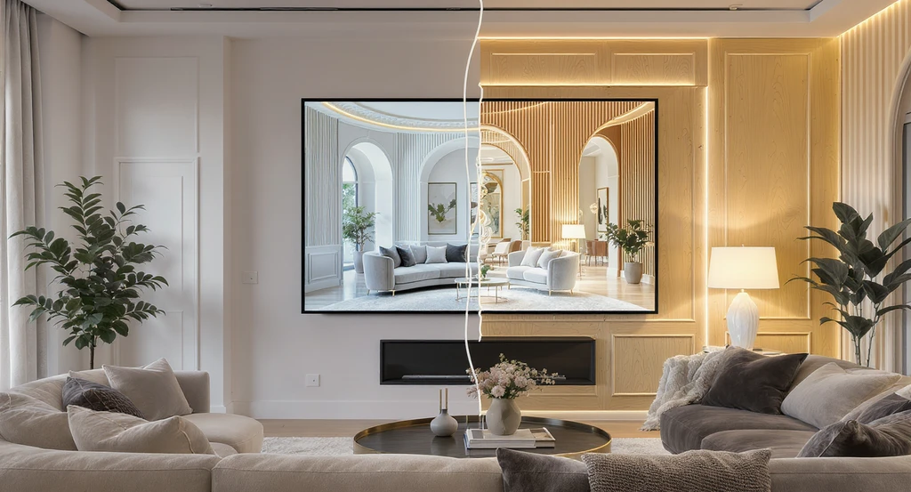Photorealistic AI home design preview showcases how to visualize curved room layouts with AI, featuring affordable fluted millwork ideas and sculptural furniture, highlighting key ai interior design trends 2026 and the best AI tools for planning.