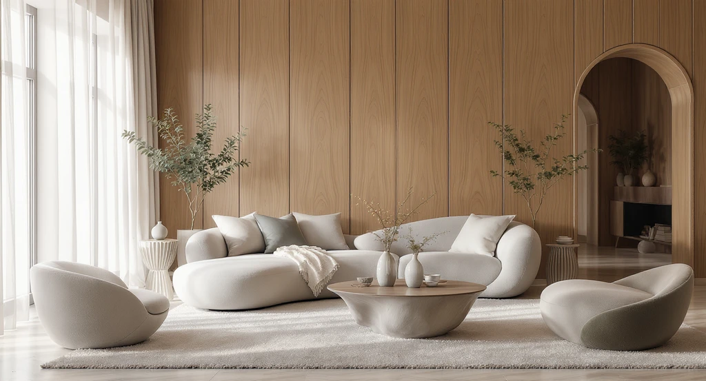 A modern living room designed with curved furniture, fluted wood wall paneling, and sculptural forms, illustrating ai home design for curves and fluted millwork, how to visualize curved room layouts with ai, affordable fluted millwork ideas using ai tools, and ai interior design trends 2026.