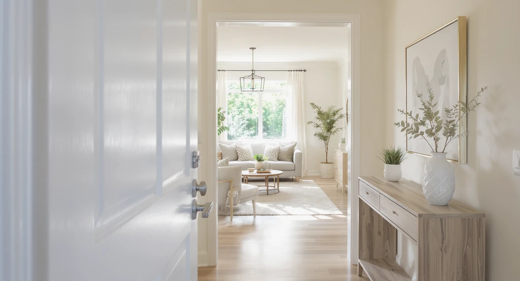 Bright, neutral entryway with a clean console table, no personal items, a single plant, and a clear sightline into a staged living area. Home staging strategies to sell faster are showcased in this realistic scene.