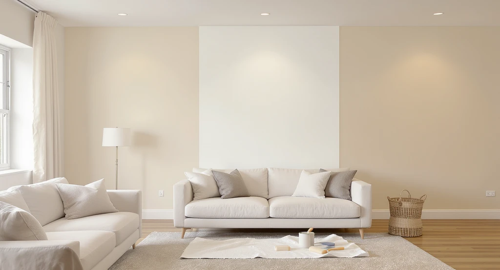 Sample test panels of greige, warm white, and soft taupe paint on a living room wall, staged with neutral decor, illustrating home staging strategies to sell faster and the impact of lighting conditions for real estate photos in 2026.