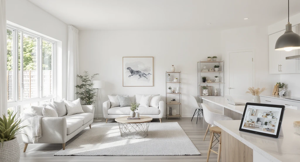 Open-concept living area staged using top home staging strategies to sell faster, highlighting a home office space, virtual staging tools, and optimal real estate lighting for 2026.