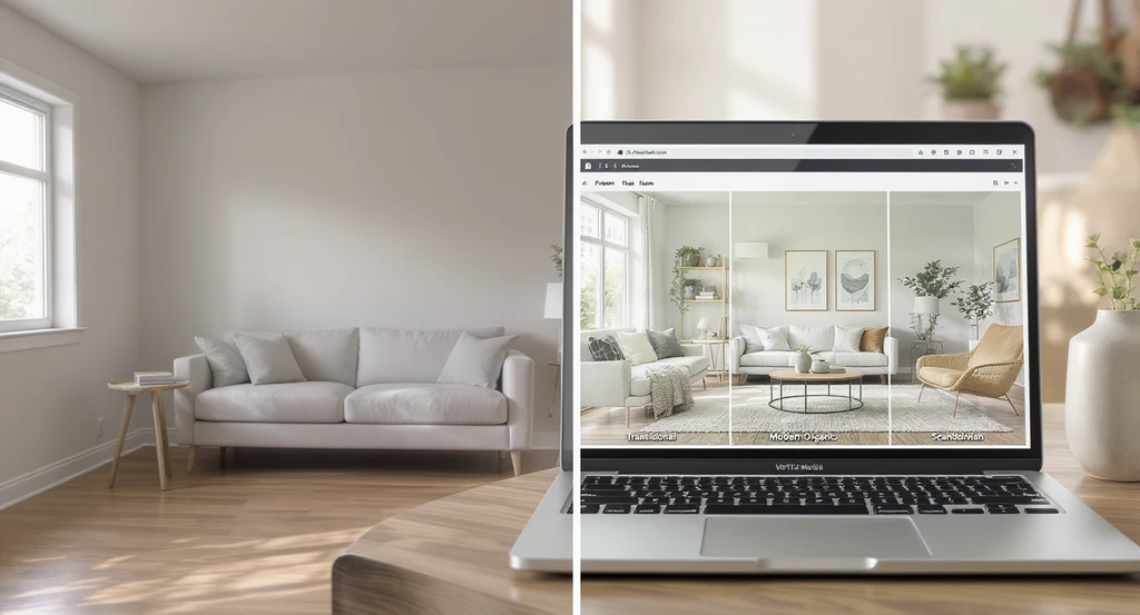 Split-screen image of a living room showing empty versus virtually staged versions in Transitional, Modern Organic, and Scandinavian styles; demonstrates home staging strategies to sell faster, virtual staging vs physical staging, lighting tips for real estate photos, and staging cost efficiency for 2026.