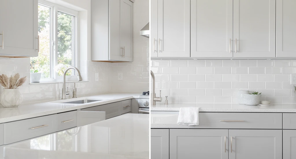 Contemporary staged kitchen with clear countertops, neutral-painted cabinets, updated hardware, and a side-by-side virtual staging vs physical update backsplash comparison, illustrating home staging strategies to sell faster in 2026.