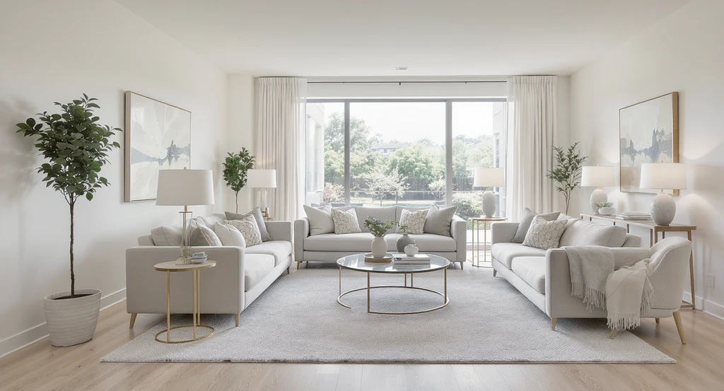 Modern living room with furniture floated off the walls, 36-inch walkways, and open sightlines, illustrating home staging strategies to sell faster in 2026.
