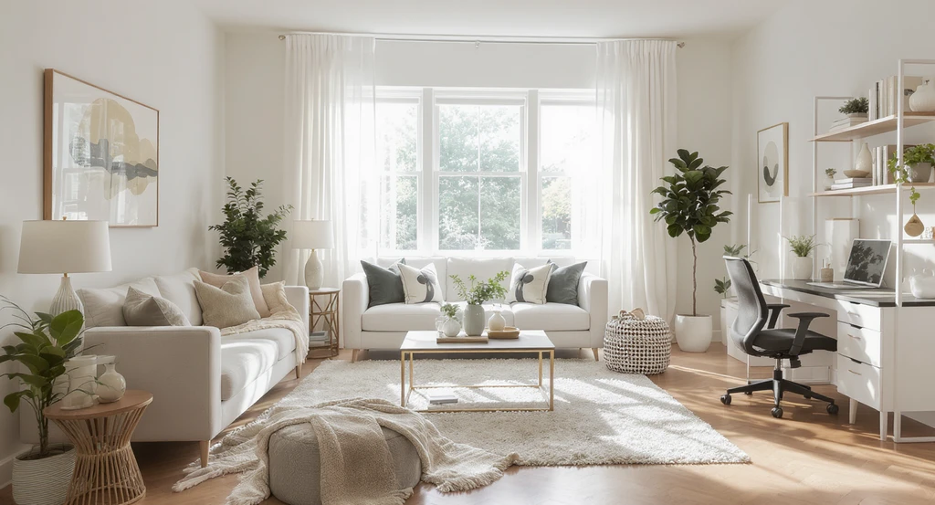 Modern staged living room with neutral decor, home office nook, and dining area, highlighting home staging strategies to sell faster in 2026.