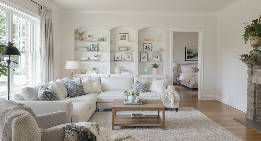 Living room expertly staged for a real estate listing photo with centered rug, straightened art, plush pillows, hidden cables, and spotless surfaces, showcasing effective home staging strategies to sell faster.