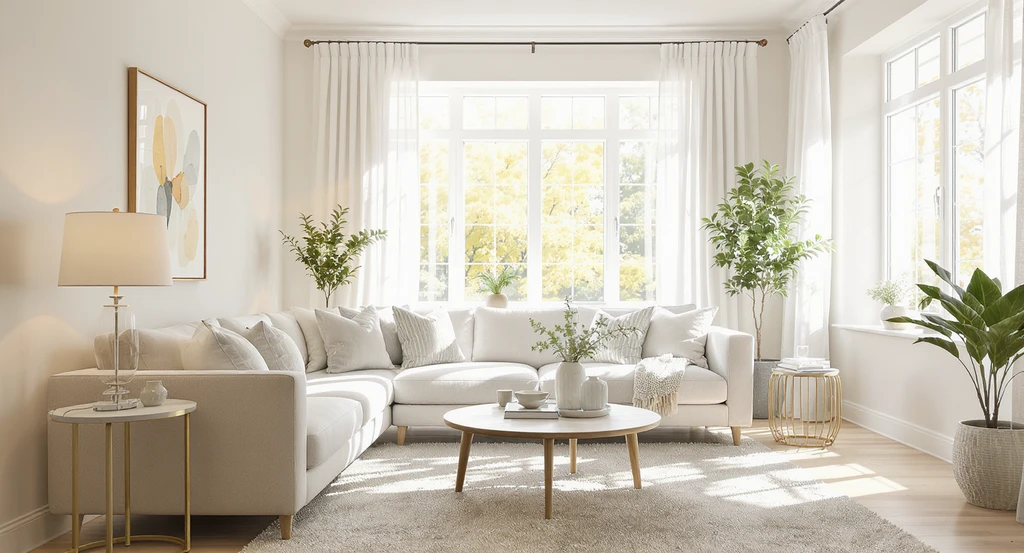 Bright, well-staged living room with clean windows, light-filtering curtains, and matching warm white lighting—showcasing best lighting tips for real estate photos and practical home staging strategies to sell faster in 2026.