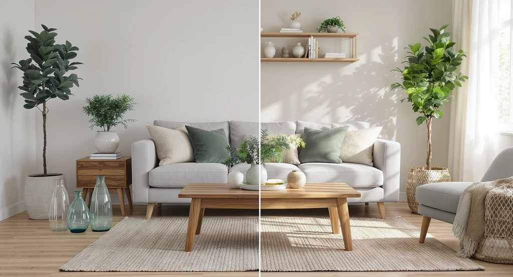 Photorealistic living room showcasing ai-powered sustainable home staging strategies by swapping synthetic decor for natural materials such as oak, linen, and bamboo, using ai for eco-friendly interior design and virtual staging with natural materials visualization.