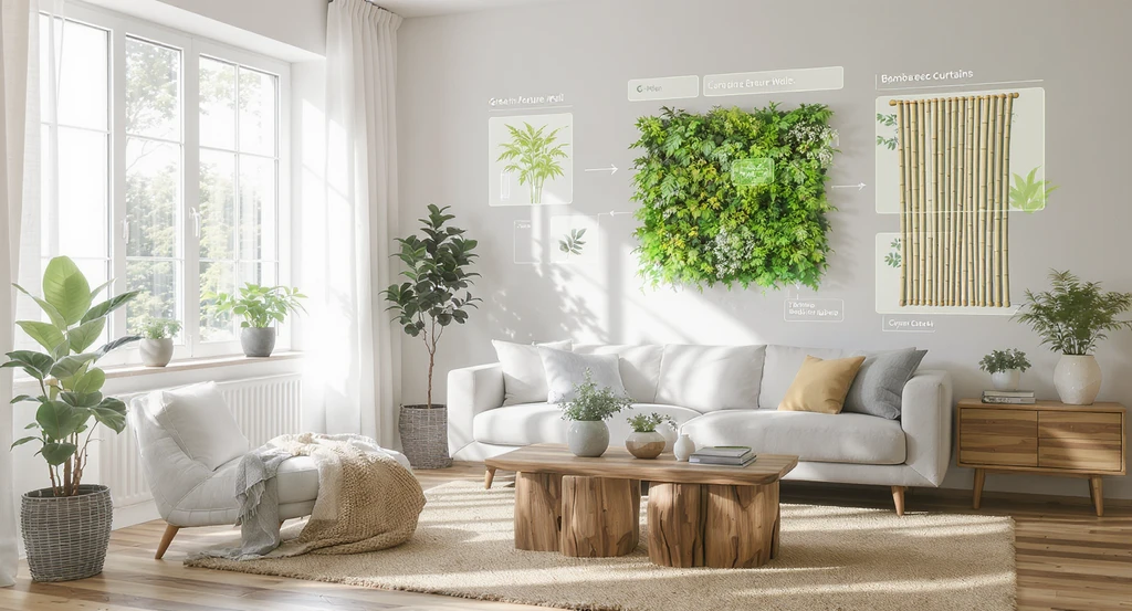 Photorealistic modern living room depicting ai-powered sustainable home staging with eco-friendly materials, virtual visualization of green upgrades, and natural lighting.