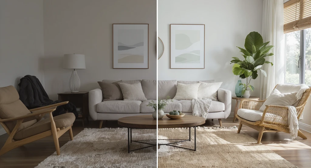 AI-powered sustainable home staging strategies—virtual living room split view showing real space versus eco-friendly transformation with natural materials. Showcases how ai visualization improves home renovations and aids in eco-friendly interior design.