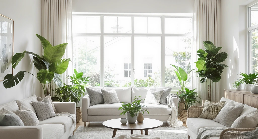 Editorial view of a staged living room with real indoor plants, optimized natural light, and organic materials, showcasing ai-powered sustainable home staging strategies for eco-friendly interior design.